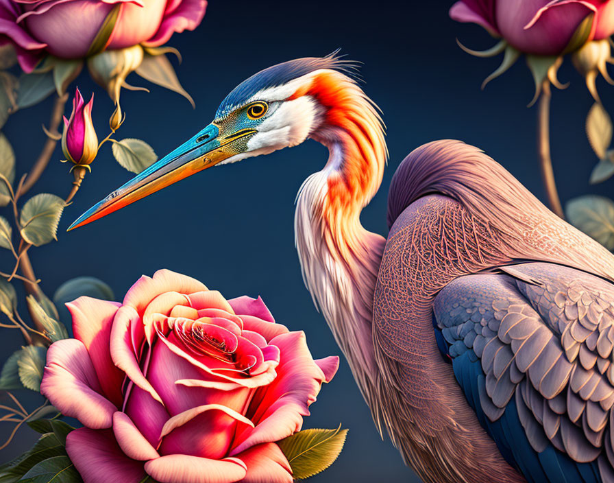 Colorful digital artwork: Heron in pink roses, intricate textures