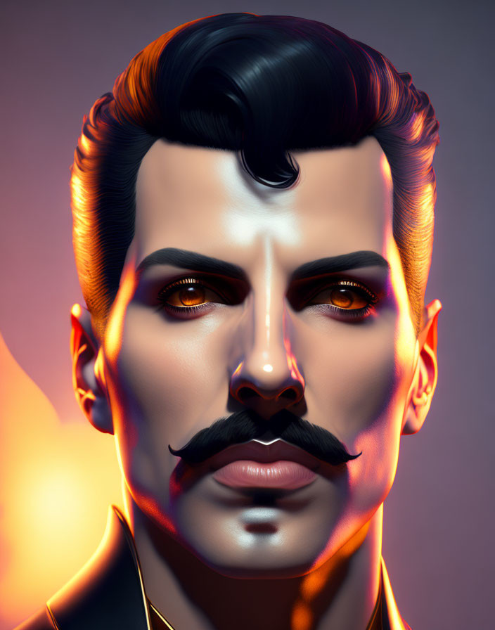 Stylized man with slicked-back pompadour and curled mustache on orange background