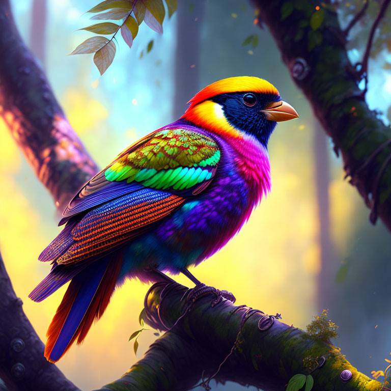 Colorful Bird Perched on Branch in Sunlit Forest