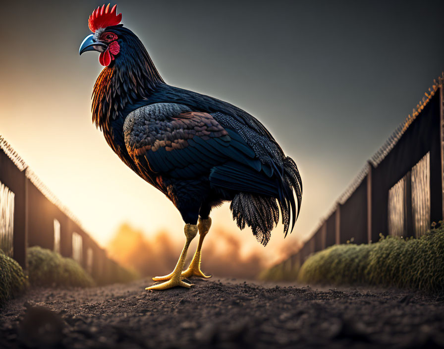 Majestic rooster in golden sunlight on path with fences