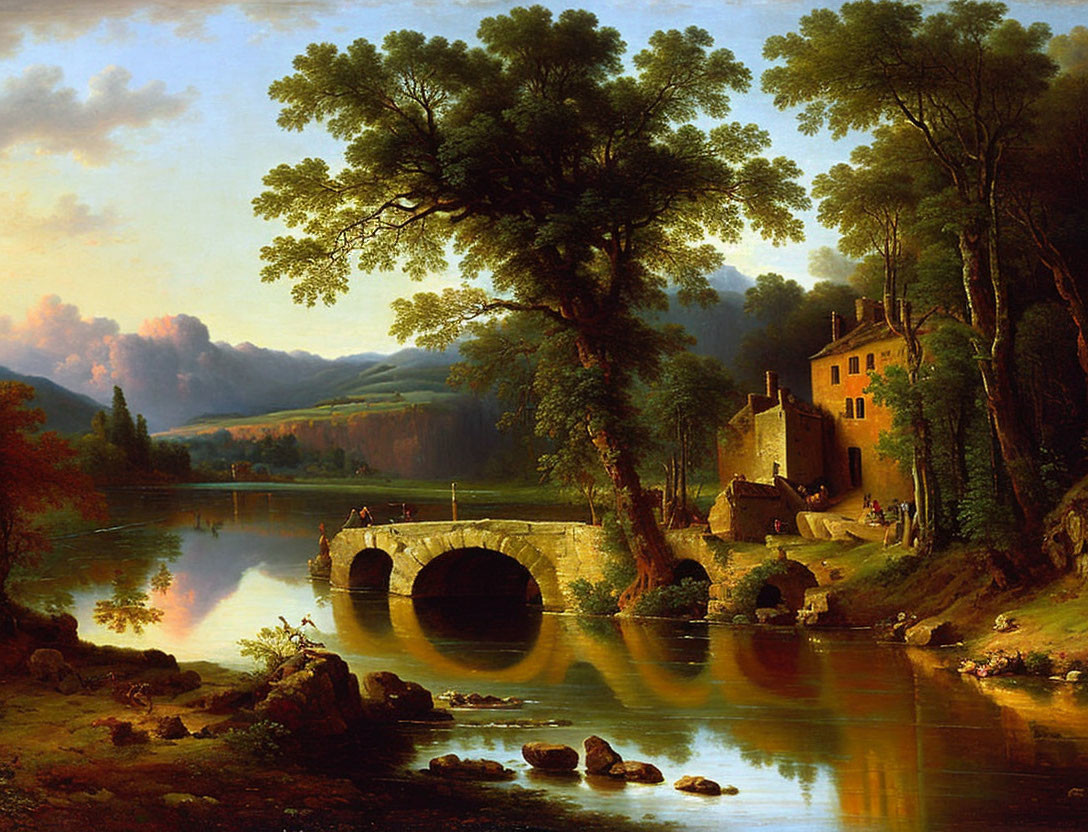 Tranquil river, stone bridge, rustic building: serene landscape painting