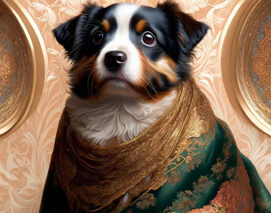 Regal tricolor dog in green and gold garment on ornate backdrop