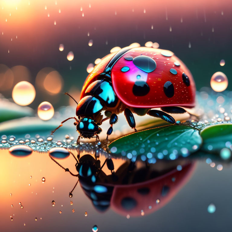 Colorful ladybug with water droplets on leaf, reflection, and bokeh effect.