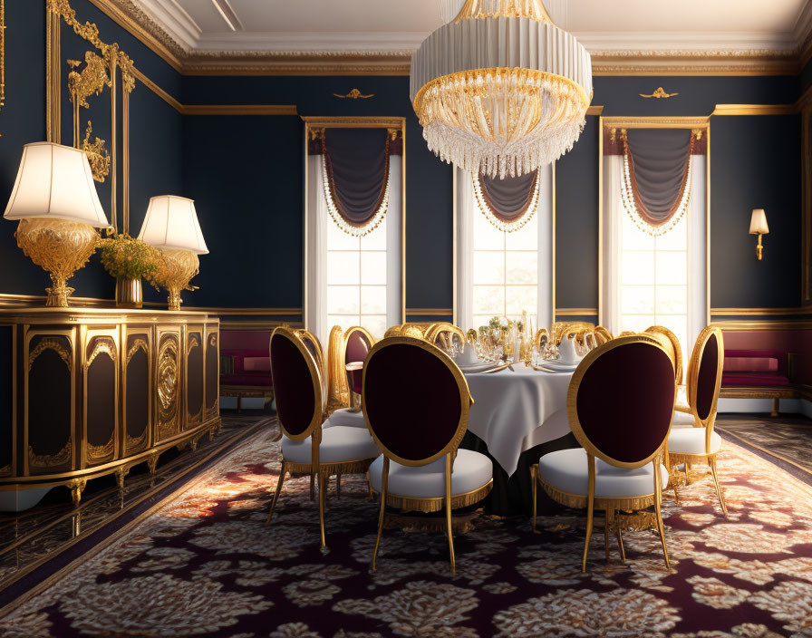 Luxurious Dining Room with Golden Chandelier and Ornate Furniture