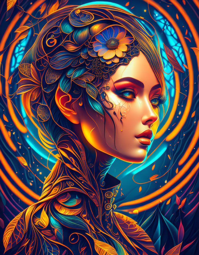 Colorful Artwork: Woman with Floral Hair on Swirling Blue and Orange Background