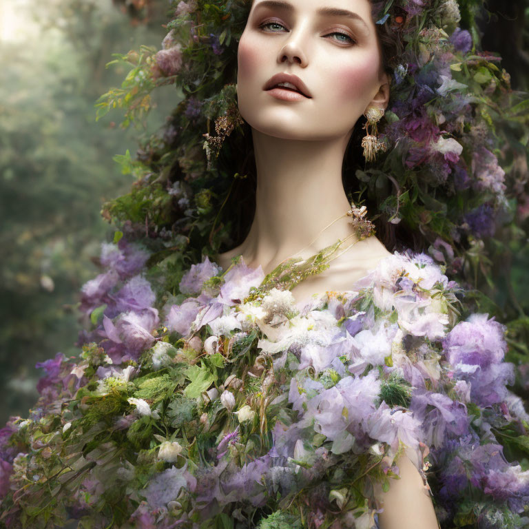 Woman with Floral Adornments in Whimsical Nature Scene