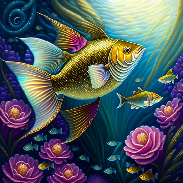 Colorful underwater scene with golden fish, intricate patterns, and purple coral-like flora on blue background