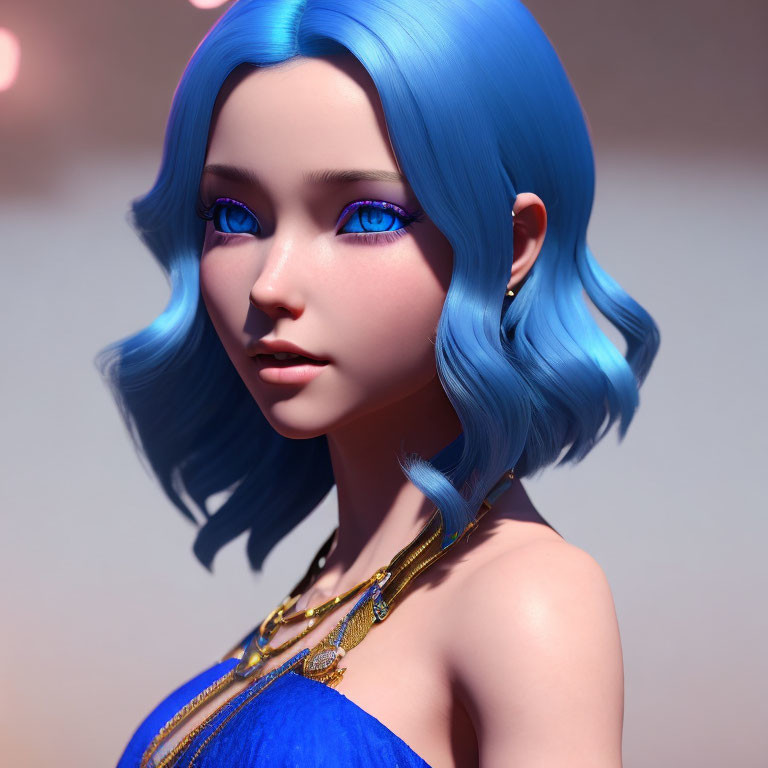 Digital 3D portrait: Female with bright blue hair, blue eyes, blue top, gold neck