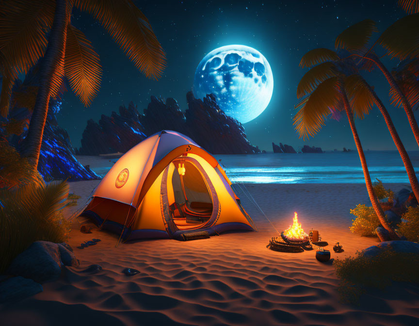 Nighttime beachside campsite with glowing tent, campfire, palm trees, and bright moon