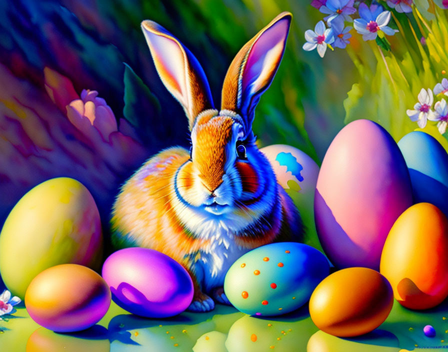 Colorful Easter Rabbit Surrounded by Eggs and Flowers