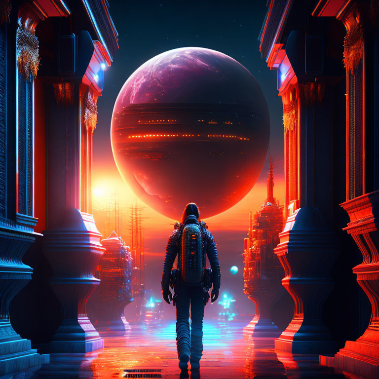 Astronaut between futuristic columns gazes at giant planet in neon-lit cityscape