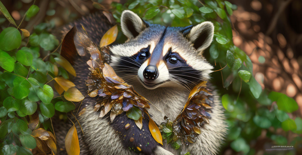 Raccoon peeking through green foliage and fallen leaves