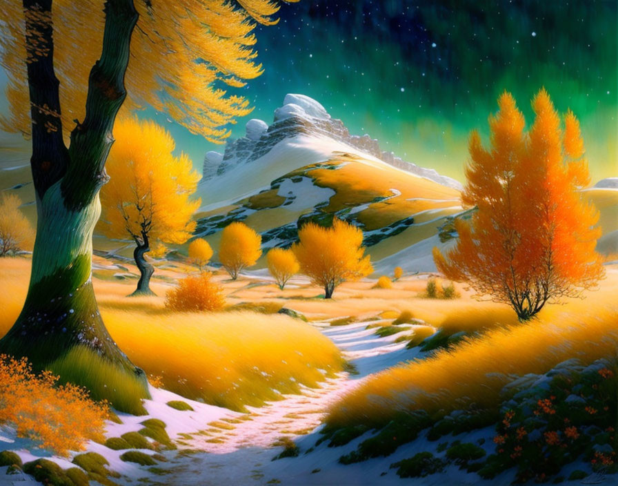 Vibrant orange trees in autumn landscape with snow-capped mountain and starry sky