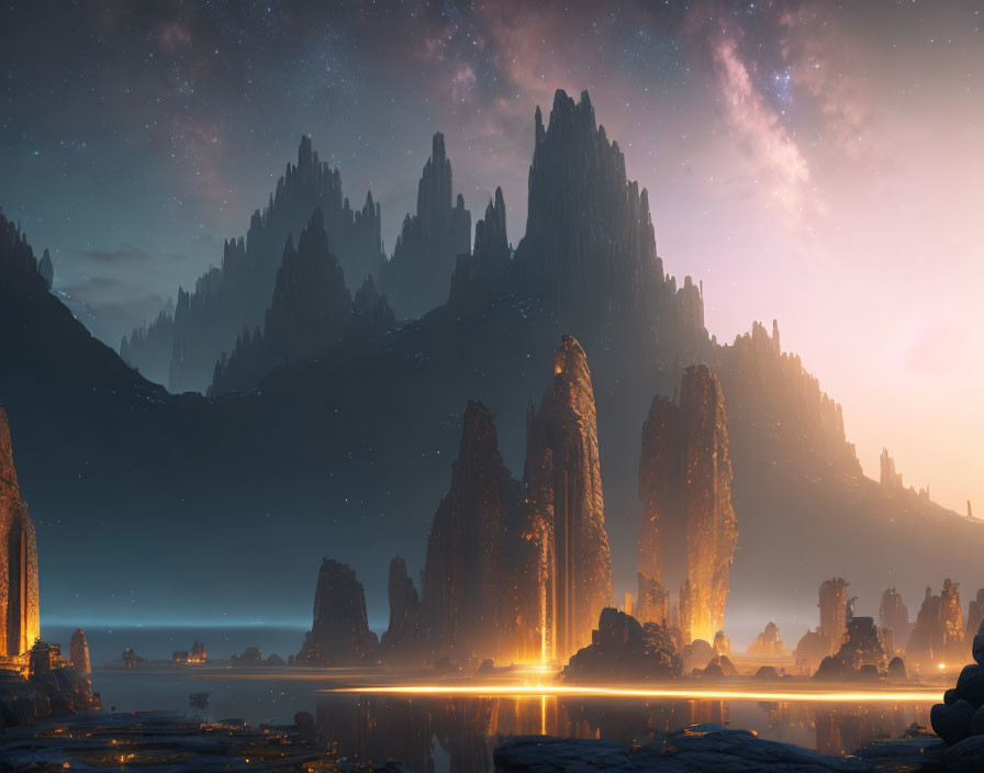 Mystic landscape: towering spires, serene lake, starry sky at dusk