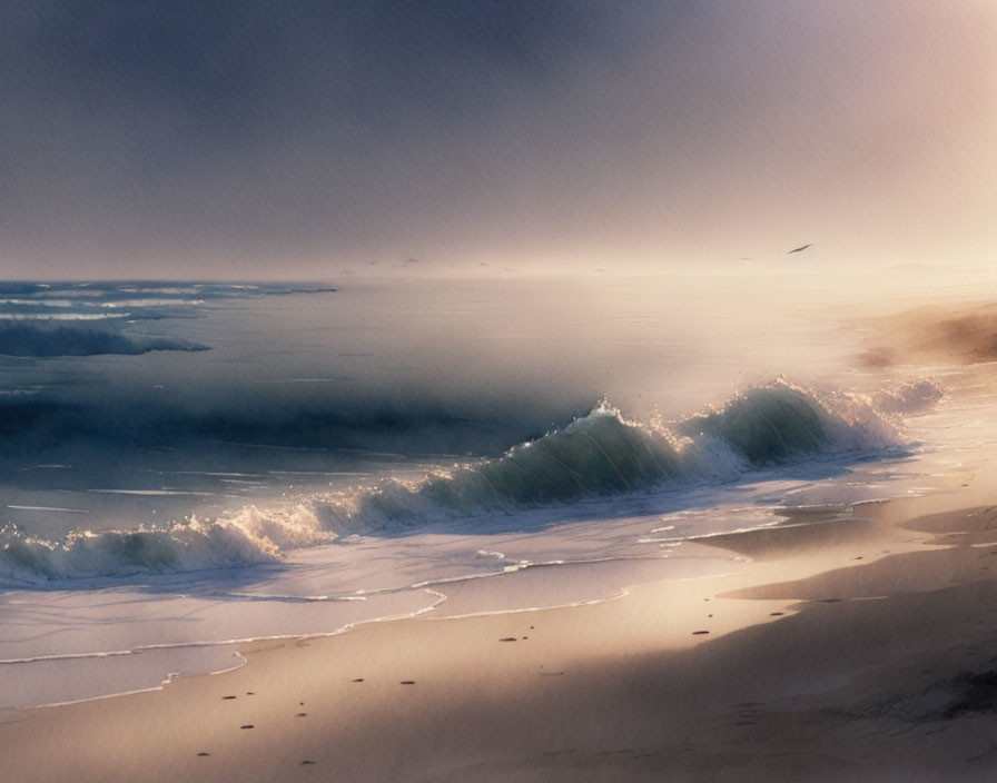 Tranquil beach scene with golden sand, gentle waves, misty glow, and solitary bird