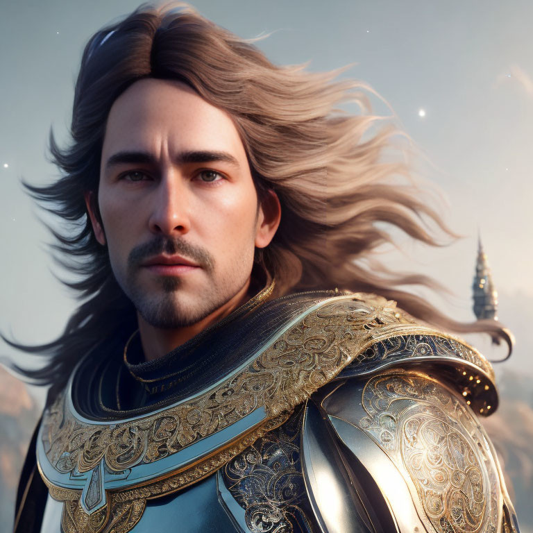 Man in Ornate Armor with Flowing Hair in Fantasy Landscape