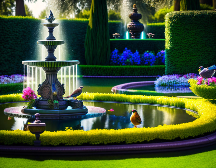 Ornate Fountain with Sculpted Hedges, Flowers, and Birds in Serene Garden