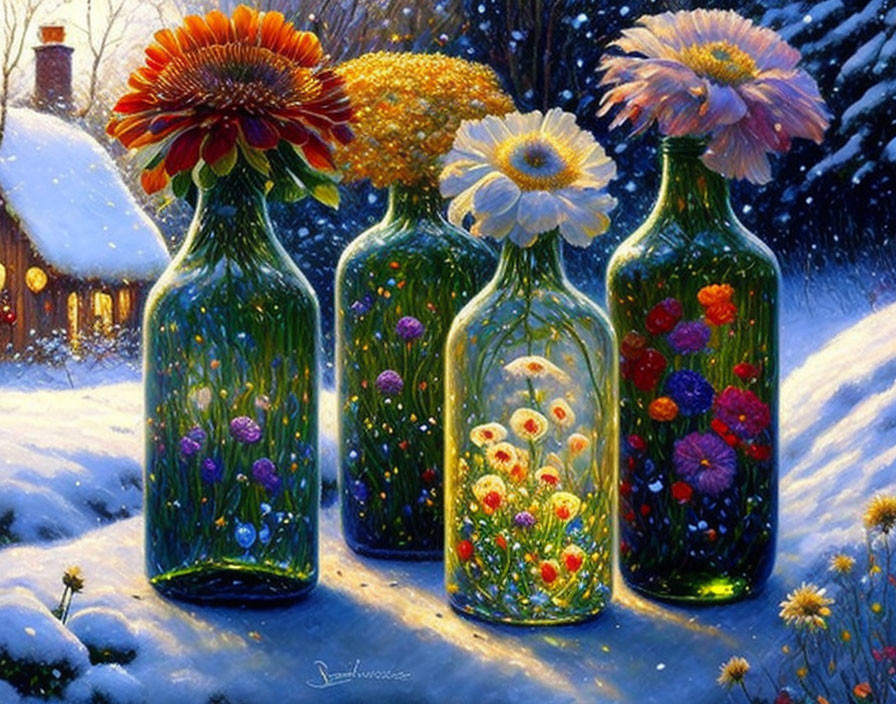 Four transparent bottles with painted flowers on snowy surface and cozy house in winter backdrop.