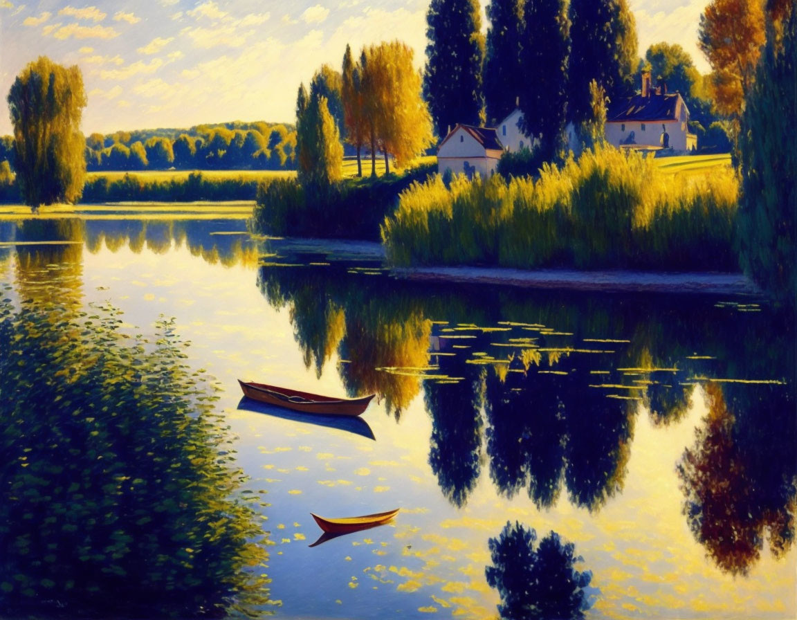 Serene river landscape with boats, reflections, greenery, and houses in sunlight