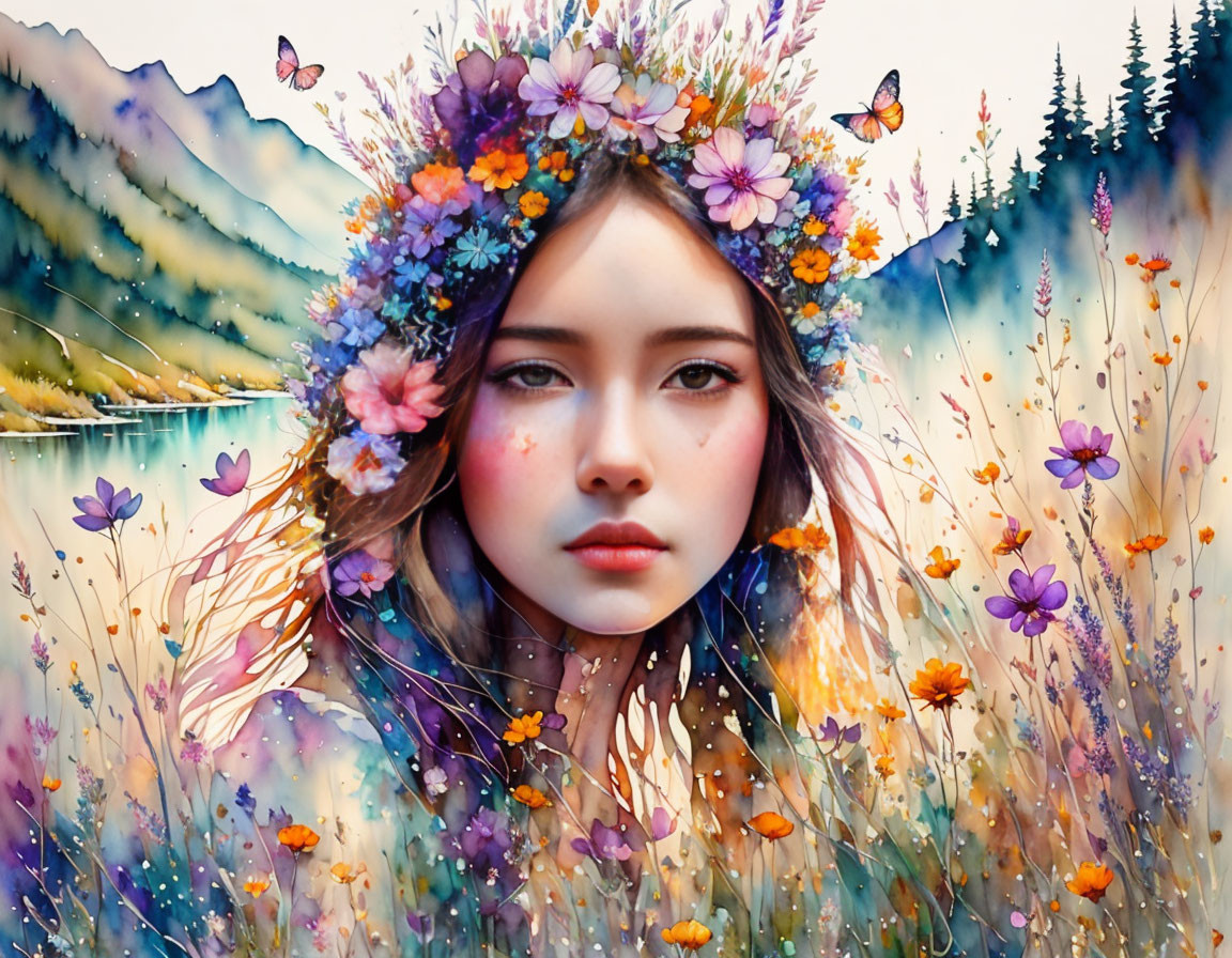 Woman with Floral Crown in Colorful Meadow with Butterflies, Mountains, and Lake