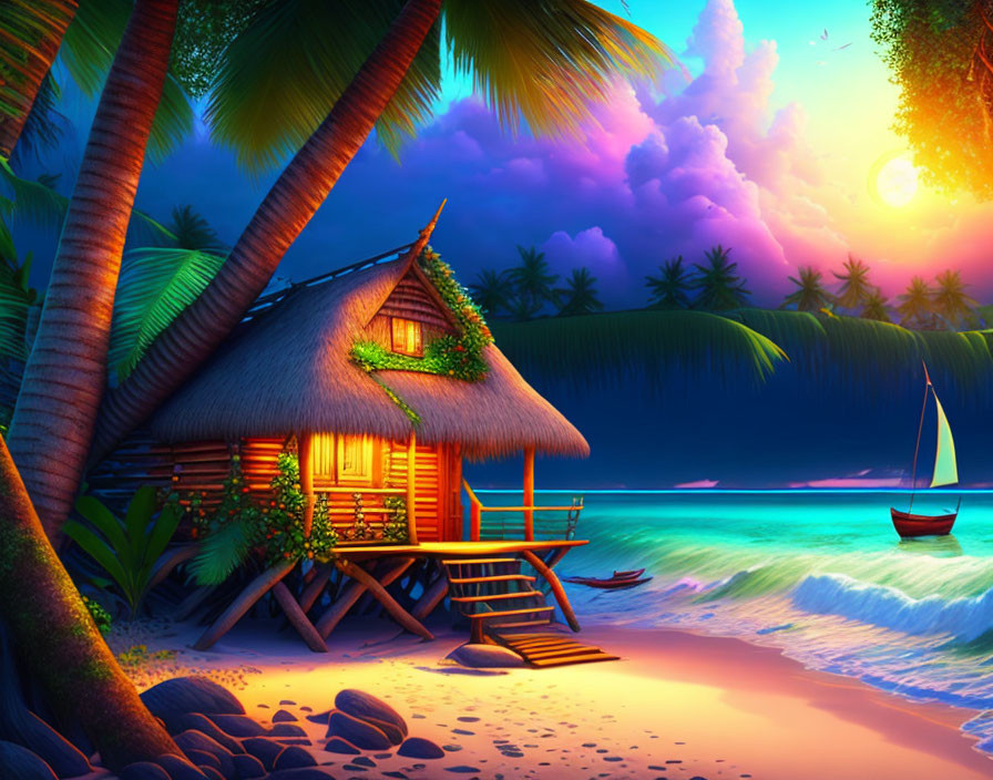 Tropical beach sunset with thatched hut, palm trees, vibrant sky, sailboat