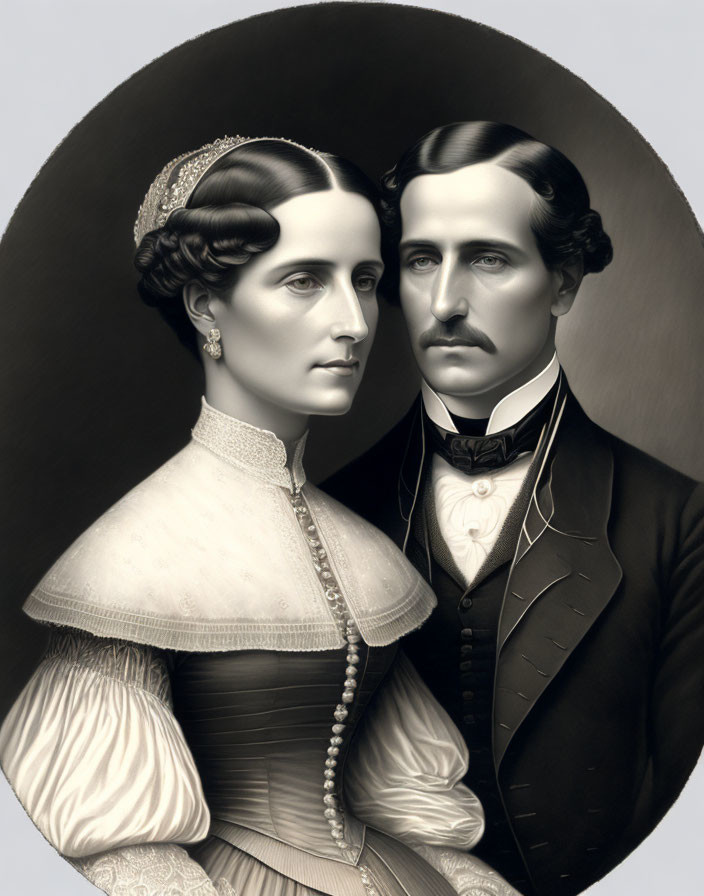 Victorian-era couple in monochromatic portrait