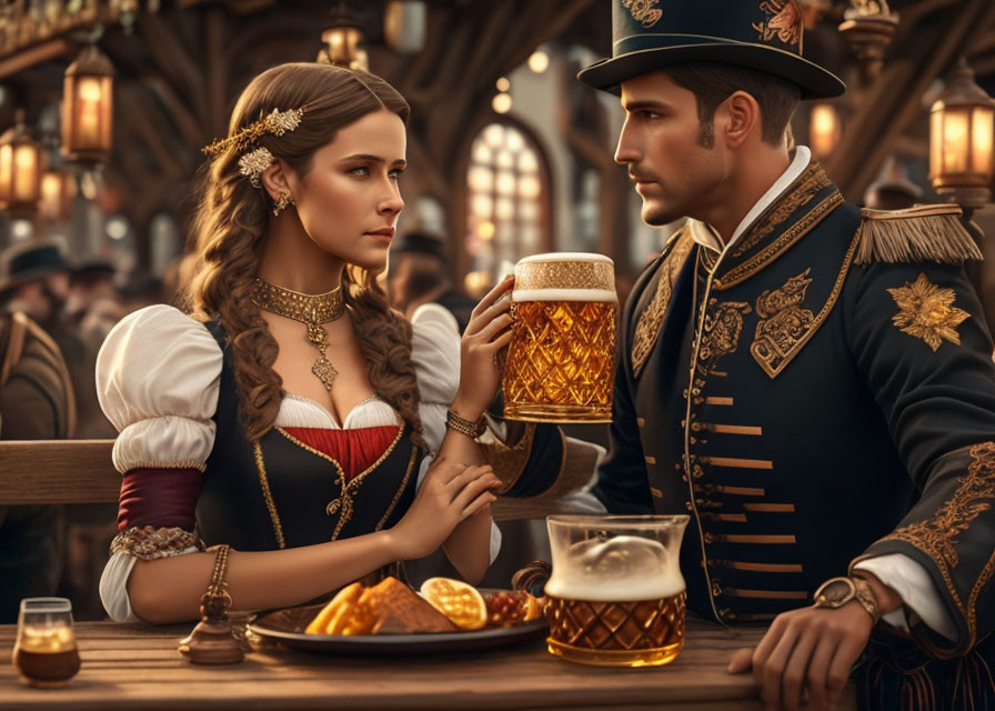 Traditional uniform man and dirndl woman clink beer mugs in tavern scene