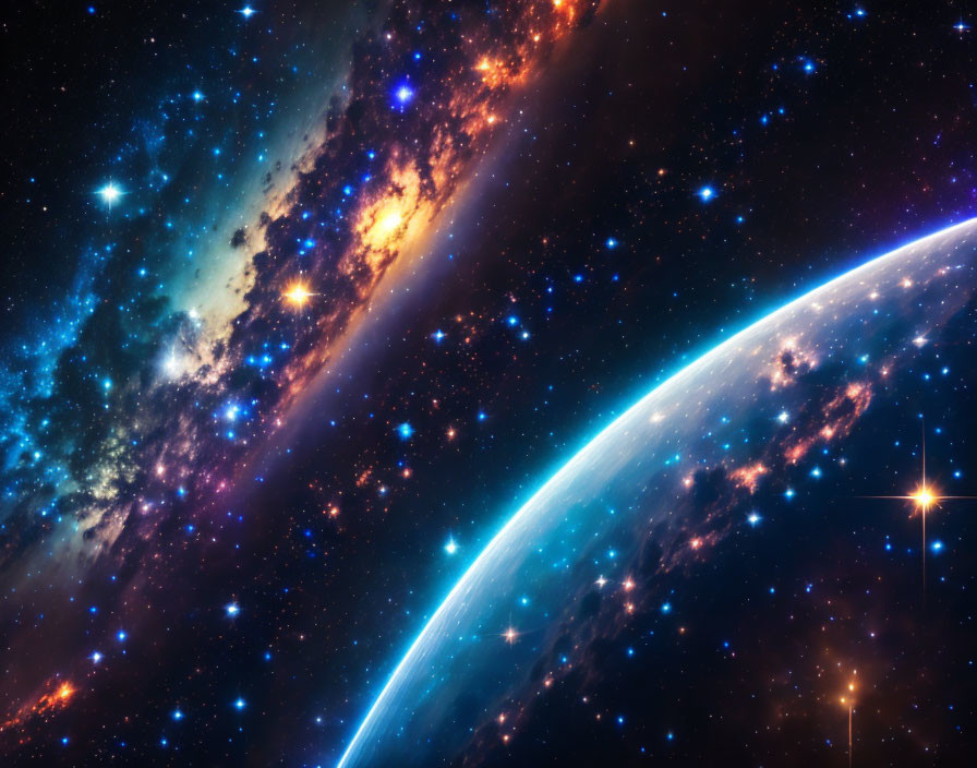 Blue planet horizon against colorful galaxy dust lane in space