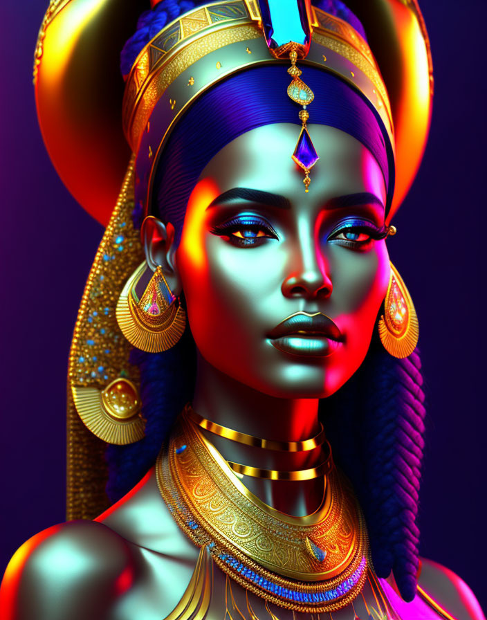 Vibrant digital portrait of a woman with golden jewelry and headdress