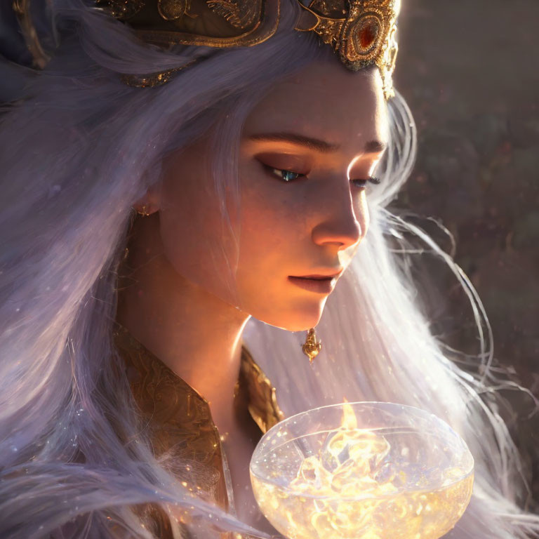 Silver-haired figure with golden crown holding radiant orb.