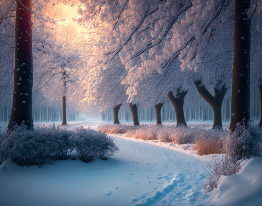 Snow-covered trees and pink sky in serene winter landscape