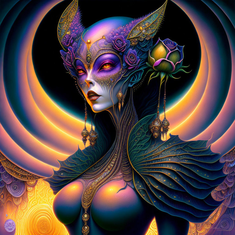 Violet-skinned woman with golden headpiece holding green rose in fantasy art