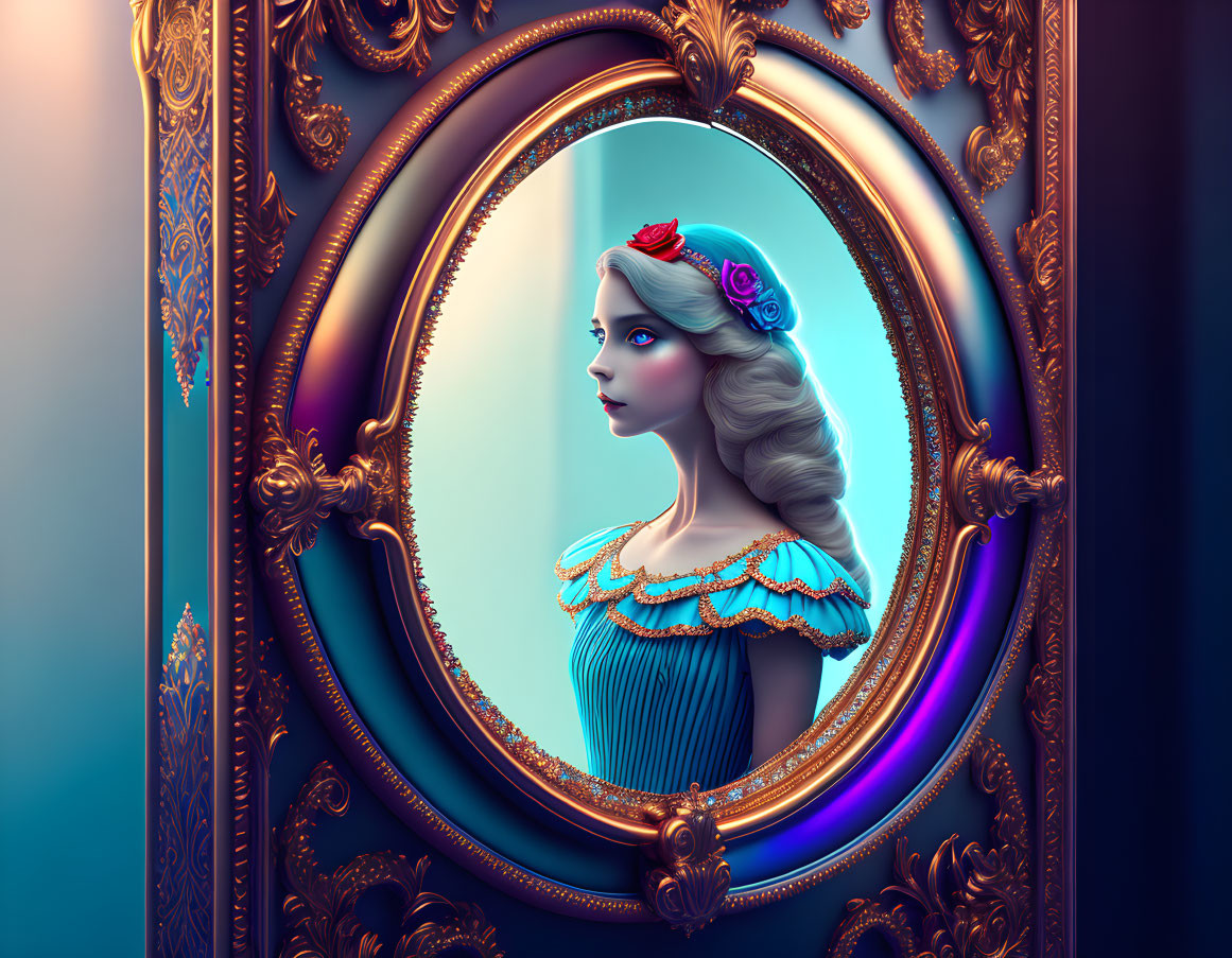 Illustrated woman with red rose in hair reflected in ornate golden oval mirror