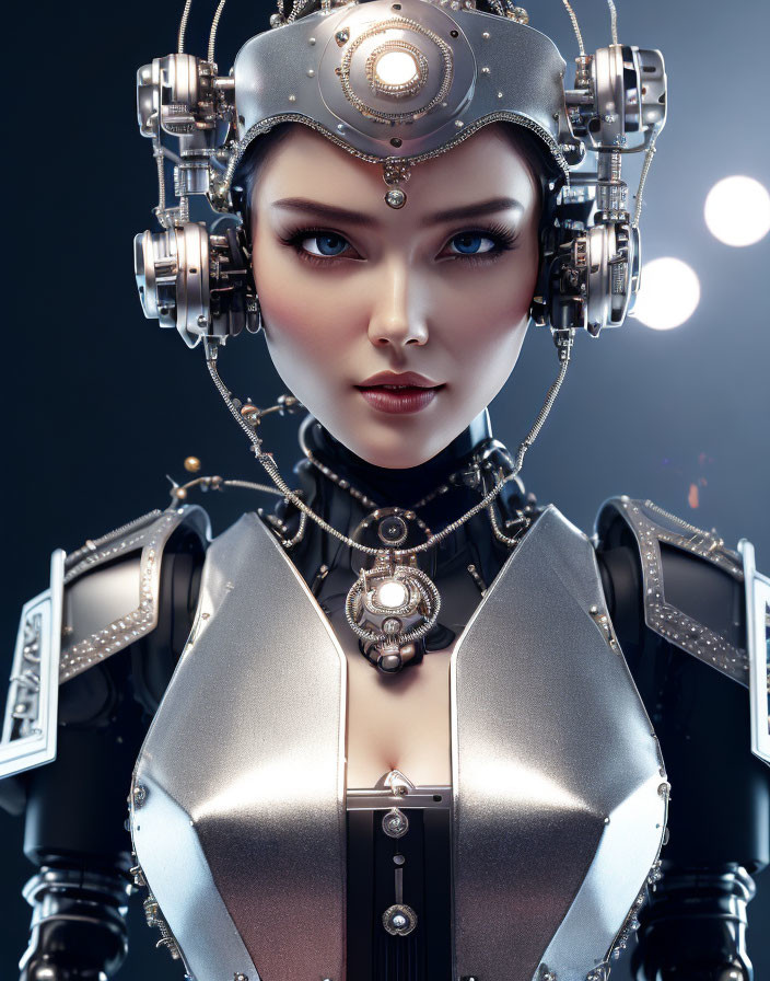 Detailed metallic armor on futuristic female robot with intricate helmet designs, against dark background.