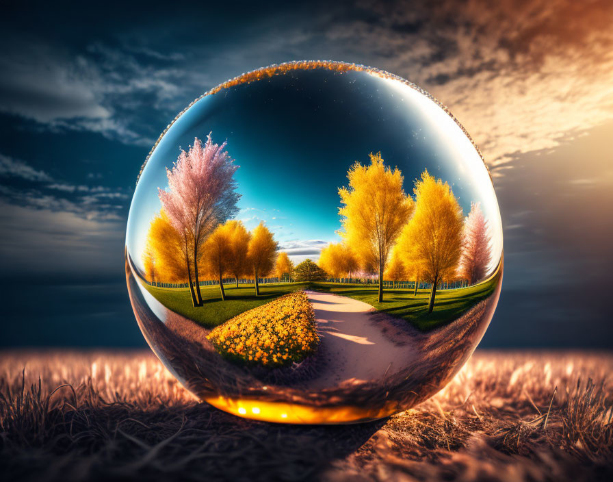 Vibrant path with colorful trees in crystal ball at twilight