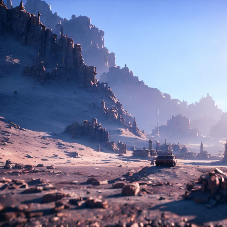 Desert Landscape with Rocky Cliffs and Ancient Ruins in Hazy Atmosphere