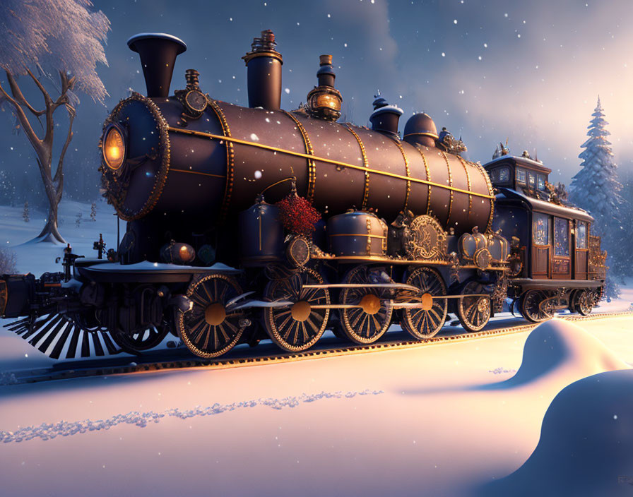 Vintage train with golden accents on snow-covered tracks at dusk