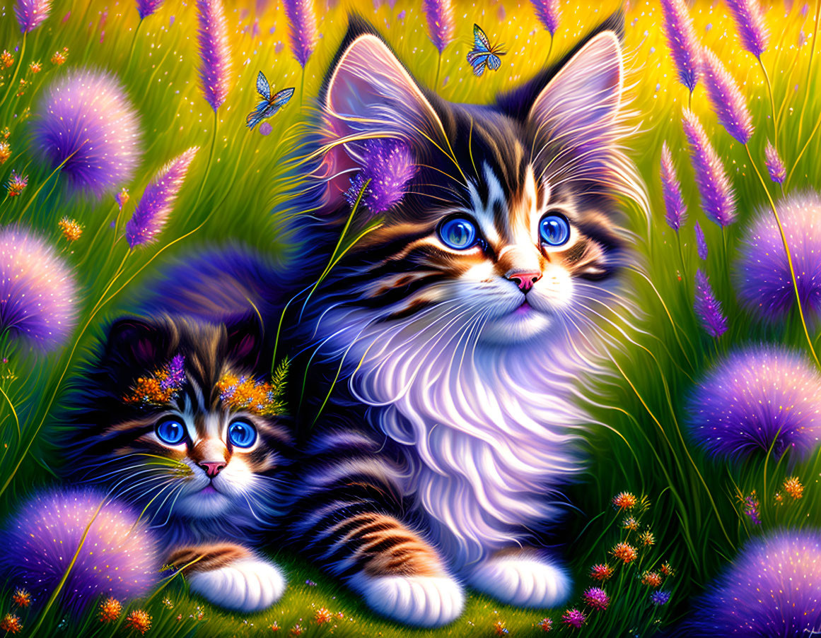 Fluffy Kittens with Blue Eyes in Colorful Meadow