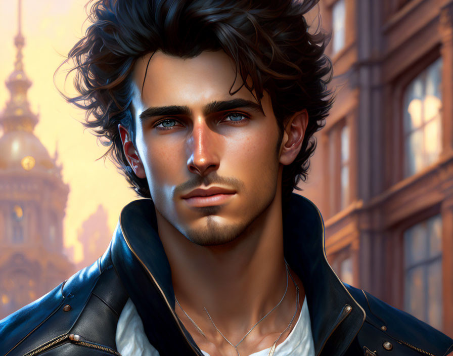 Man with curly black hair and leather jacket in digital artwork