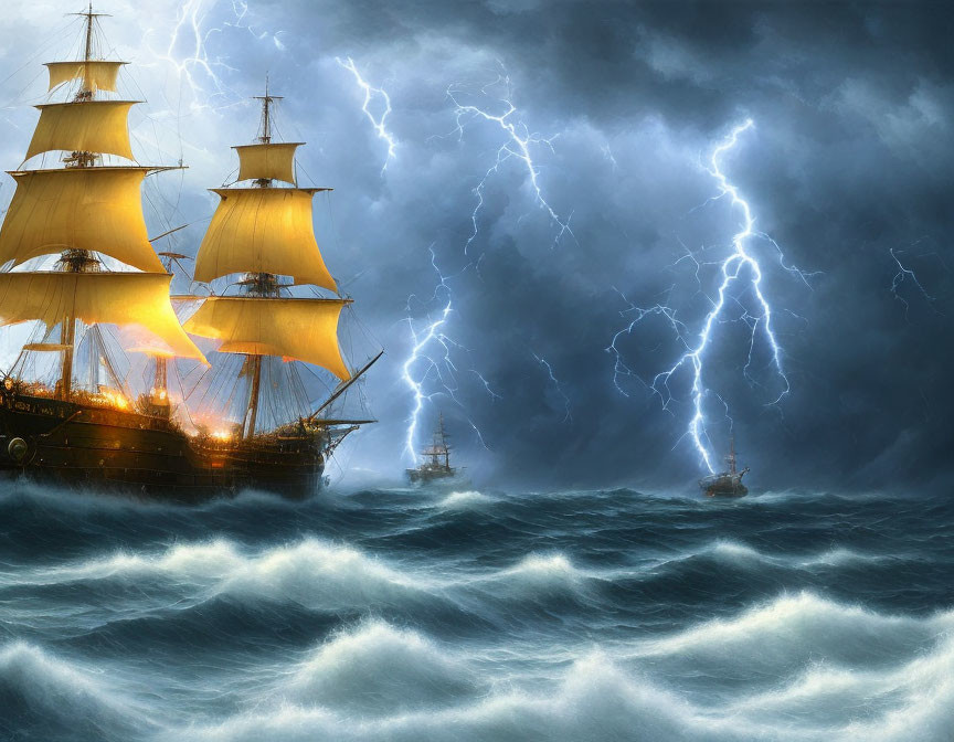 Tall ships sailing in stormy seas with lightning strikes