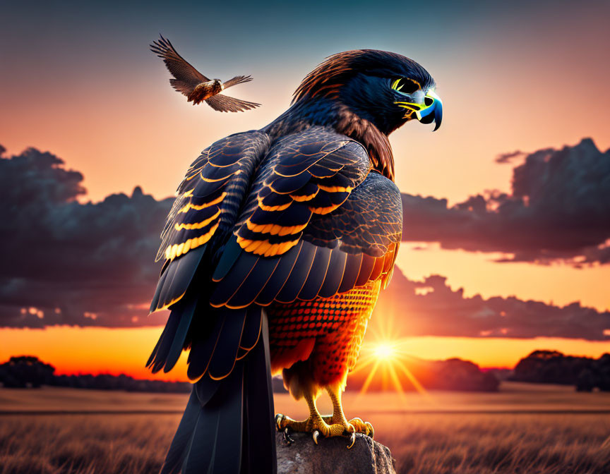 Majestic hawk perched at sunset with smaller bird flying under dramatic sky