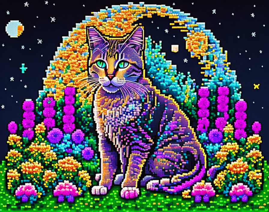 Colorful Pixelated Cat with Cosmic Background and Starry Sky