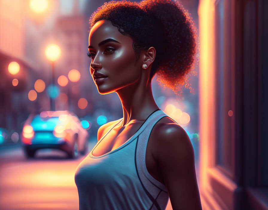 Digital art portrait of woman with afro hairstyle in tank top on neon-lit urban street