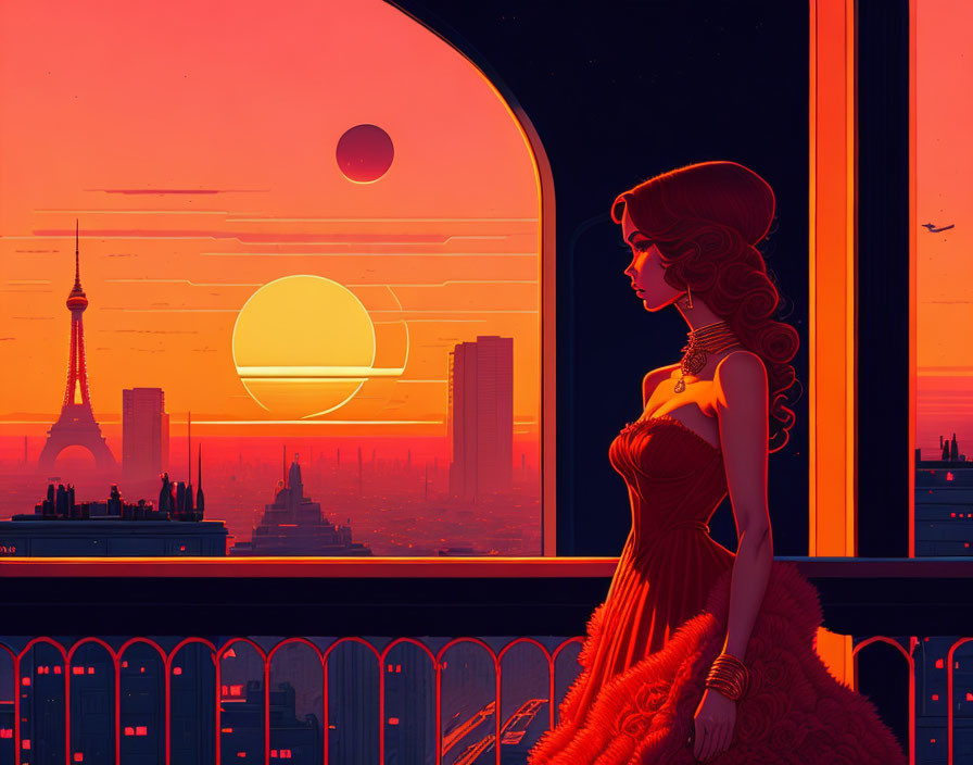 Stylized illustration of woman in elegant gown with futuristic cityscape & Eiffel Tower silhouette.