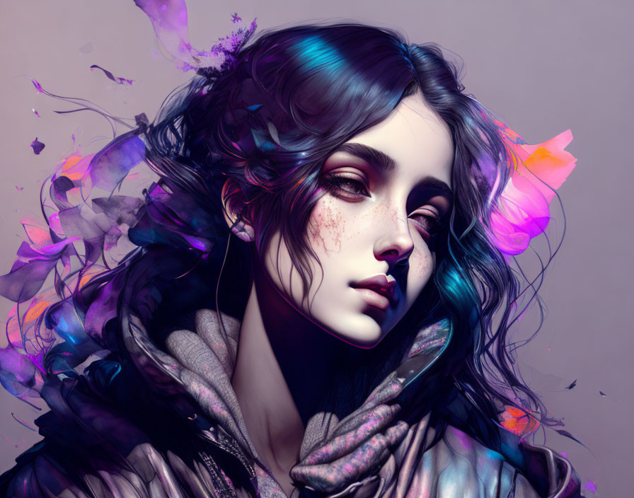 Digital artwork: Woman with flowing hair in vibrant purple and pink hues