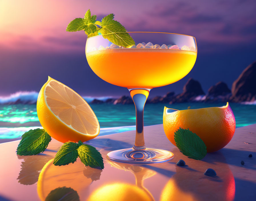 Colorful sunset beach scene with cocktail, mint, lemon, and lime on reflective surface