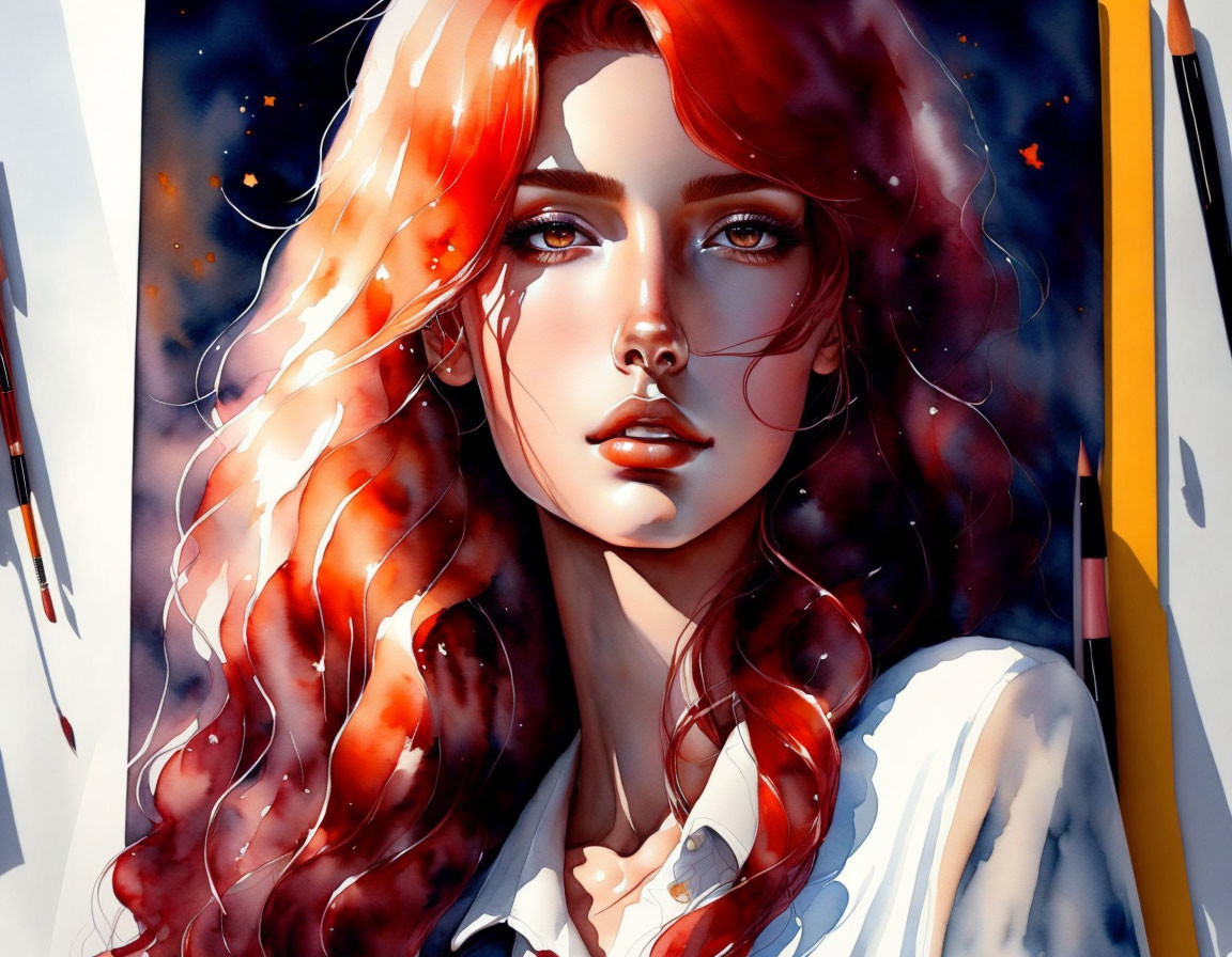 Digital portrait: Woman with red hair and blue eyes in stylized art with vivid orange highlights.