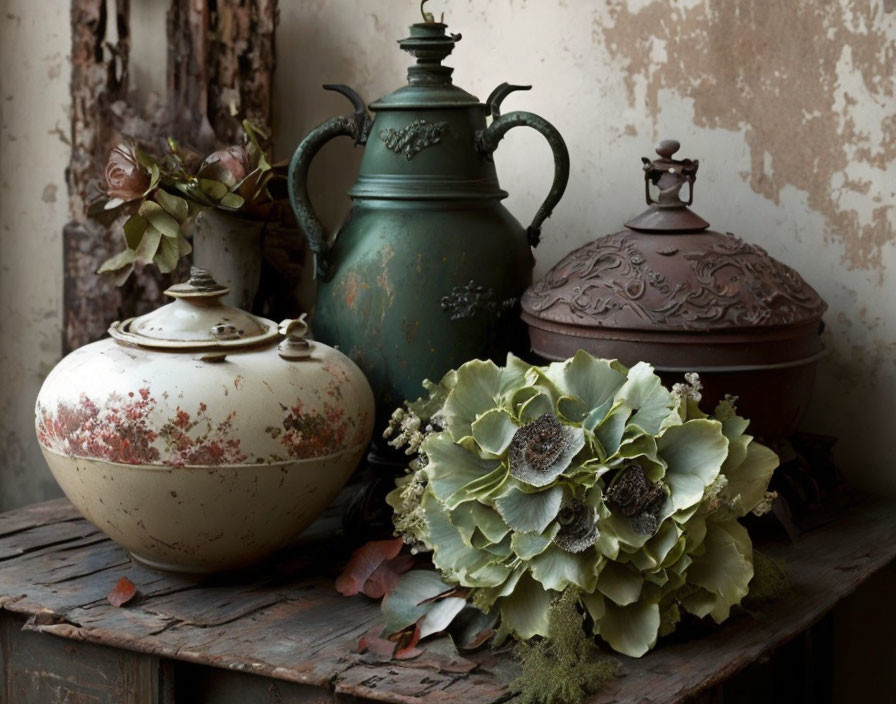 Rustic Table with Vintage Ceramics & Green Burgundy Flowers