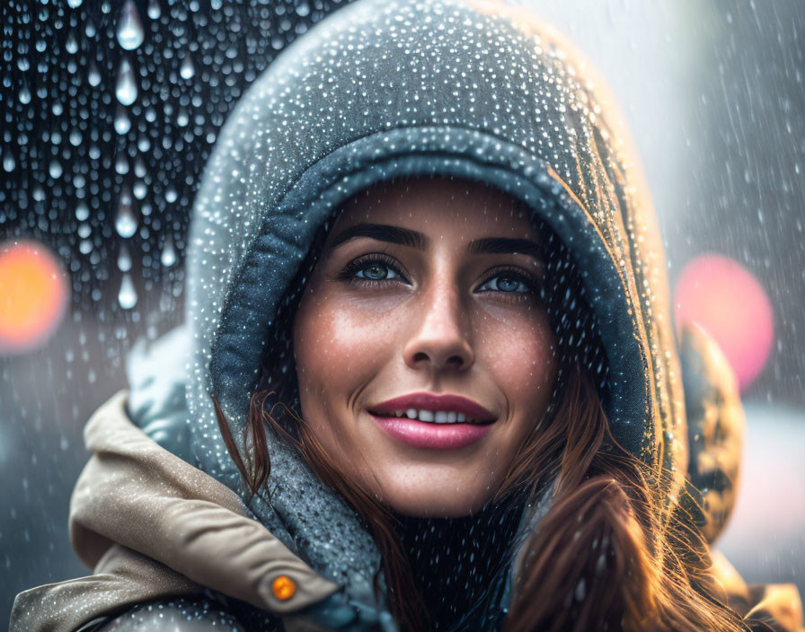 Smiling woman with hood and raindrops in blurred lights