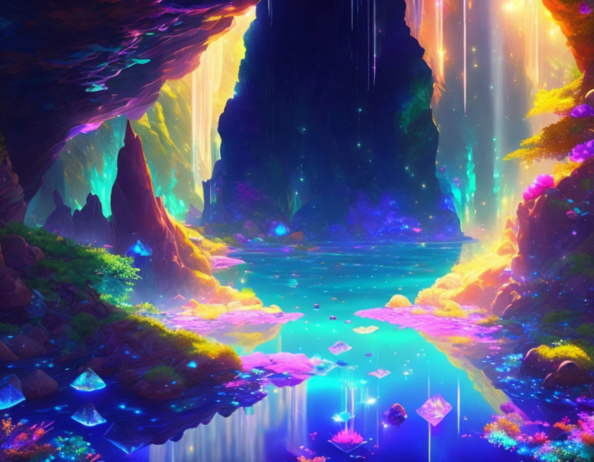 Fantasy Cave with Luminescent Plants, Waterfalls, and Glowing Blue Lake